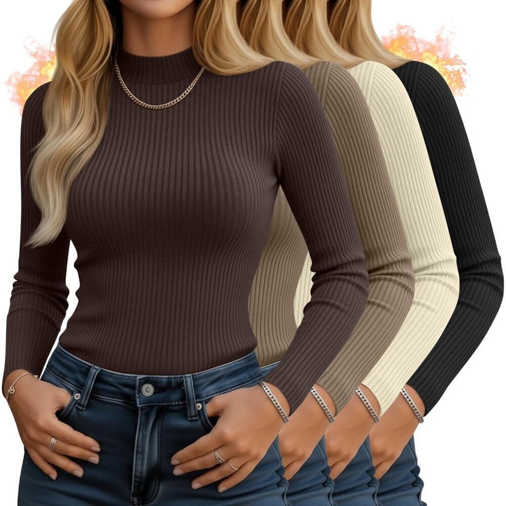 4 Pack Women's Cotton Ribbed Mock Neck Long Sleeve Tops Slim Fit Casual